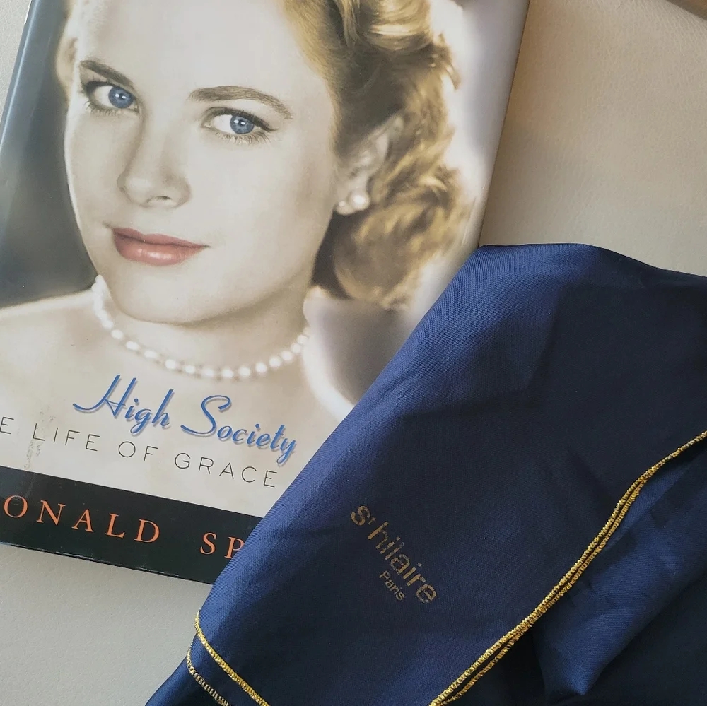 St. Hilaire Paris Blue Scarf Gold Metallic Trim ~ Rectangular ~ Vintage? ~ GUC